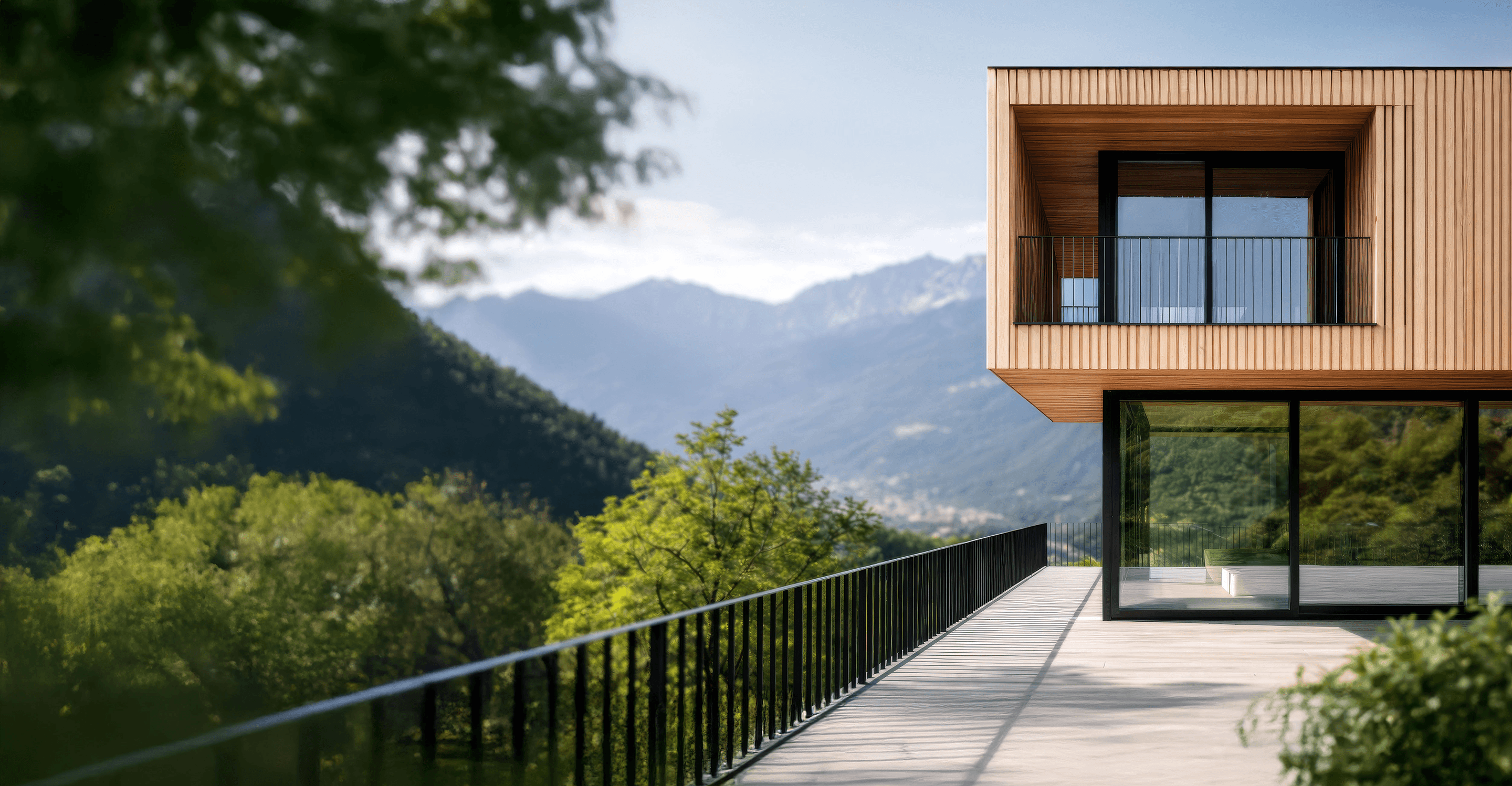 Modernes Gebäude und Berglandschaft